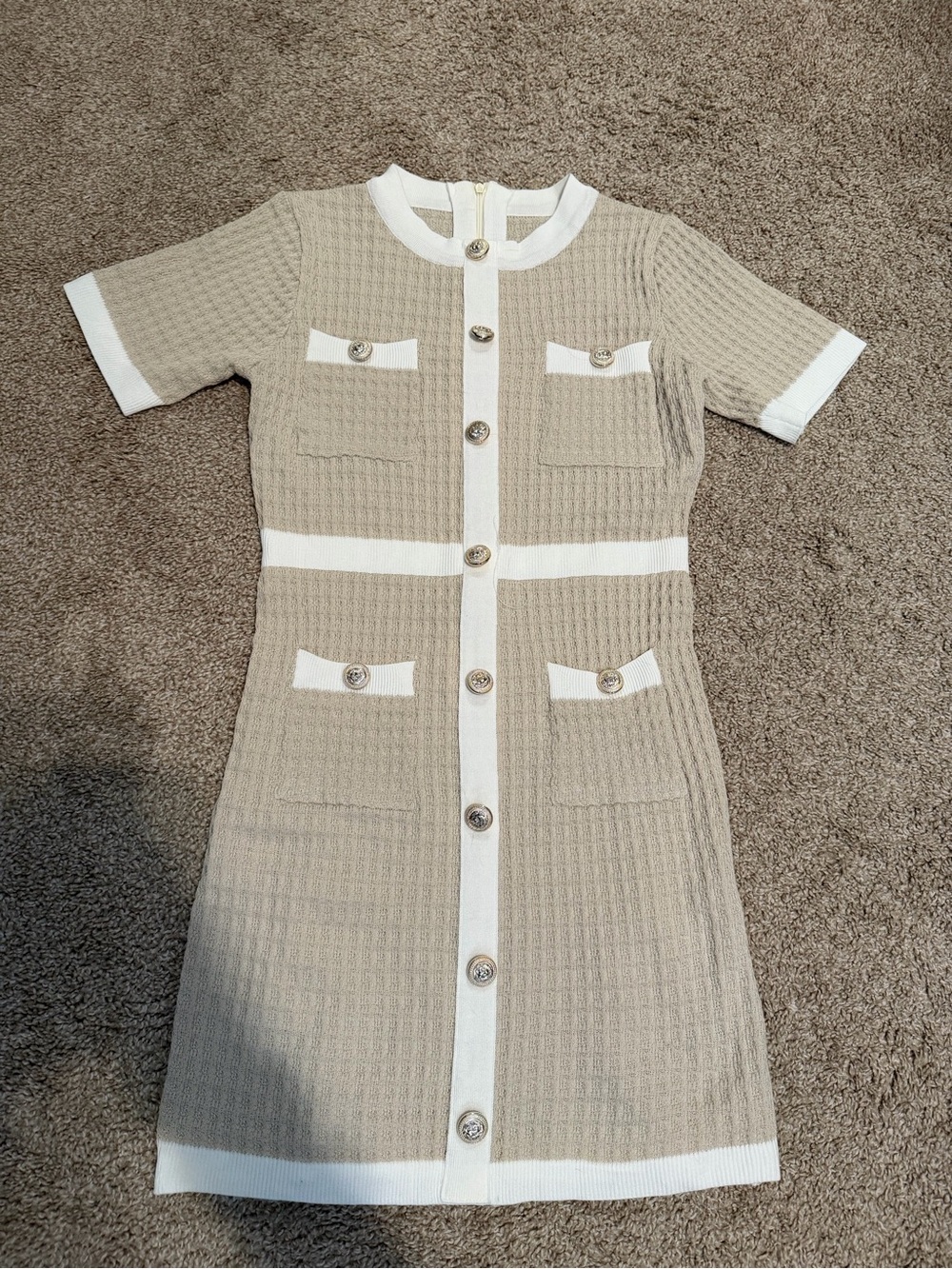 Beige and White Knit Button-Front Sheath Dress